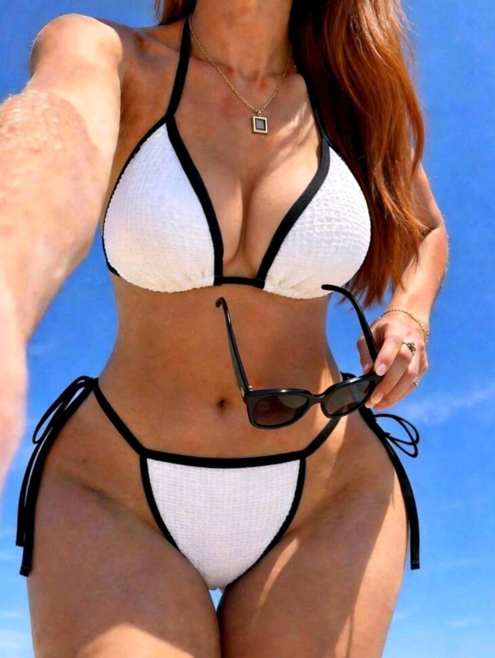 Classic White Triangle Bikini Set with Black Trim